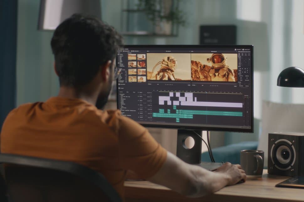 Video editor working at a professional editing workstation